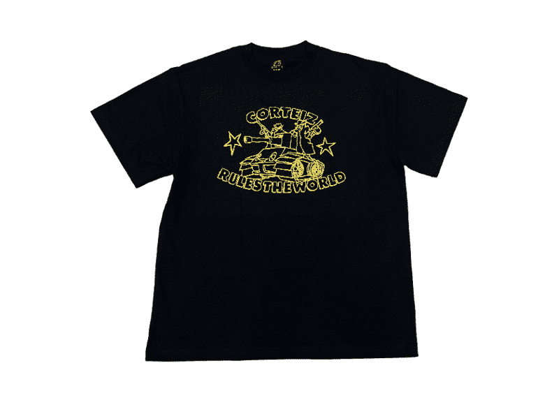 Corteiz x Meekz Tank Tee Black showing yellow graphic and text "Corteiz Rules the World".
