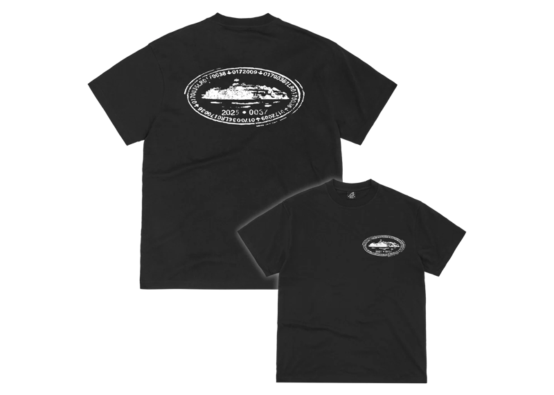 Black Corteiz Island Stamp Tee with white island graphic and coordinates on front and back