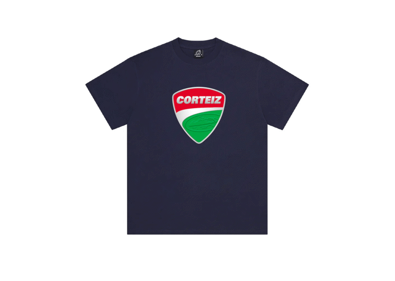 Corteiz Shield Tee in navy featuring a bold shield design on the front.
