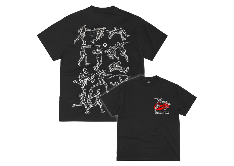 Corteiz Track and Field black t-shirt with sports graphic design.