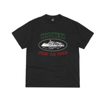 Black Corteiz OG Alcatraz Tee with graphic design and "Corteiz Rules the World" text.