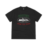 Black Corteiz OG Alcatraz Tee with graphic design and "Corteiz Rules the World" text.