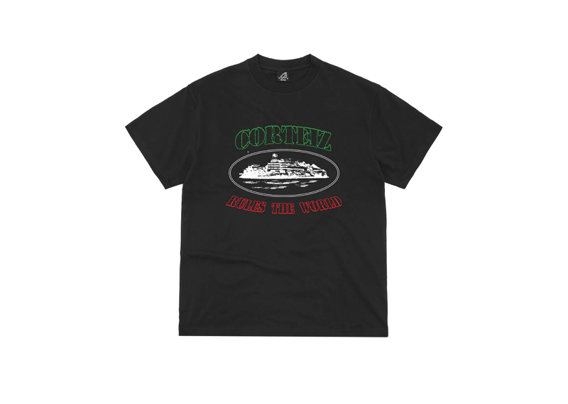 Black Corteiz OG Alcatraz Tee with graphic design and "Corteiz Rules the World" text.