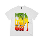 Corteiz Protect All The Leng Ones white t-shirt with colorful text and silhouette design.