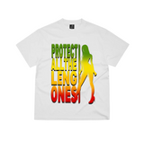 Corteiz Protect All The Leng Ones white t-shirt with colorful text and silhouette design.