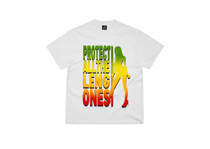 Corteiz Protect All The Leng Ones white t-shirt with colorful text and silhouette design.