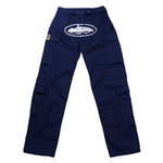 Corteiz Guerillaz Cargos in navy and white with multiple pockets.