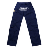 Corteiz Guerillaz Cargos in navy and white with multiple pockets.