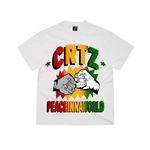 Corteiz Peace In The World white T-shirt with colorful graphic design featuring two hands and the text "CRTZ PeaceinnaWorld".