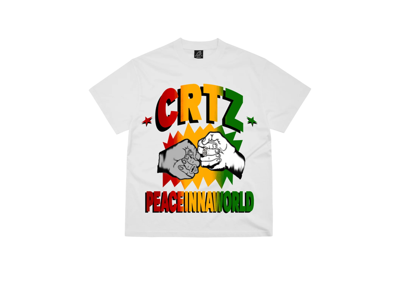 Corteiz Peace In The World white T-shirt with colorful graphic design featuring two hands and the text "CRTZ PeaceinnaWorld".