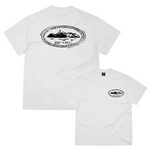 White Corteiz Island Stamp tee with black oval island graphic on front and back