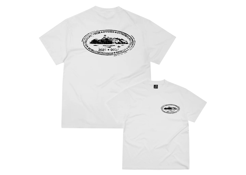 White Corteiz Island Stamp tee with black oval island graphic on front and back