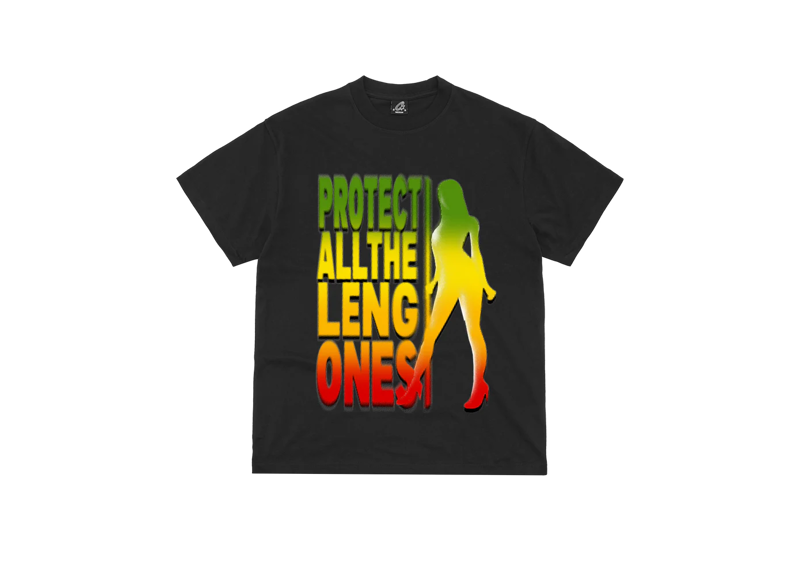 Corteiz Protect The Leng Black T-Shirt featuring colorful text and silhouette design.
