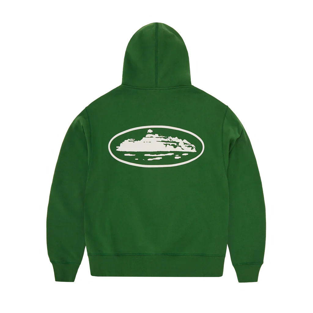 Green Corteiz Island zip hoodie with puff print design on the back