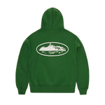 Green Corteiz Island zip hoodie with puff print design on the back