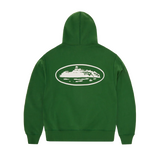 Green Corteiz Island zip hoodie with puff print design on the back