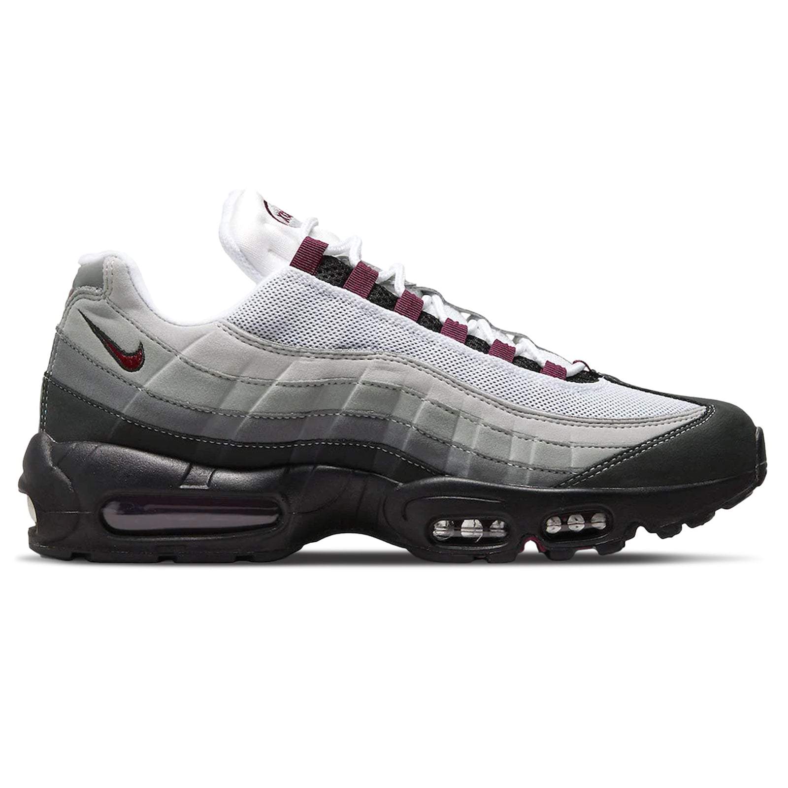 Nike Air Max 95 Dark Beetroot sneaker in black, dark beetroot, and pearl grey colorway with Air Max cushioning.