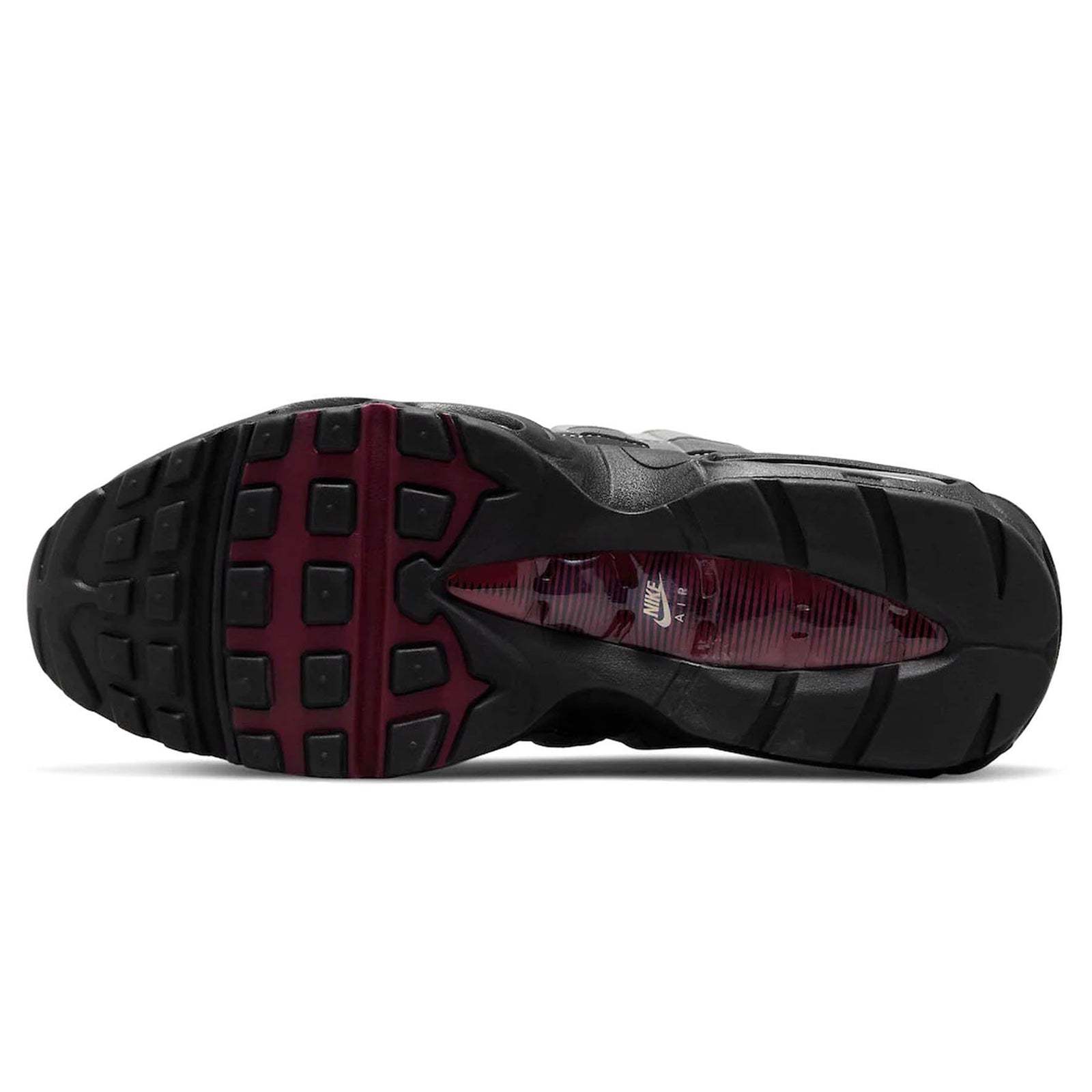 Air Max 95 Dark Beetroot sneaker outsole with deep beetroot red and black tread design.