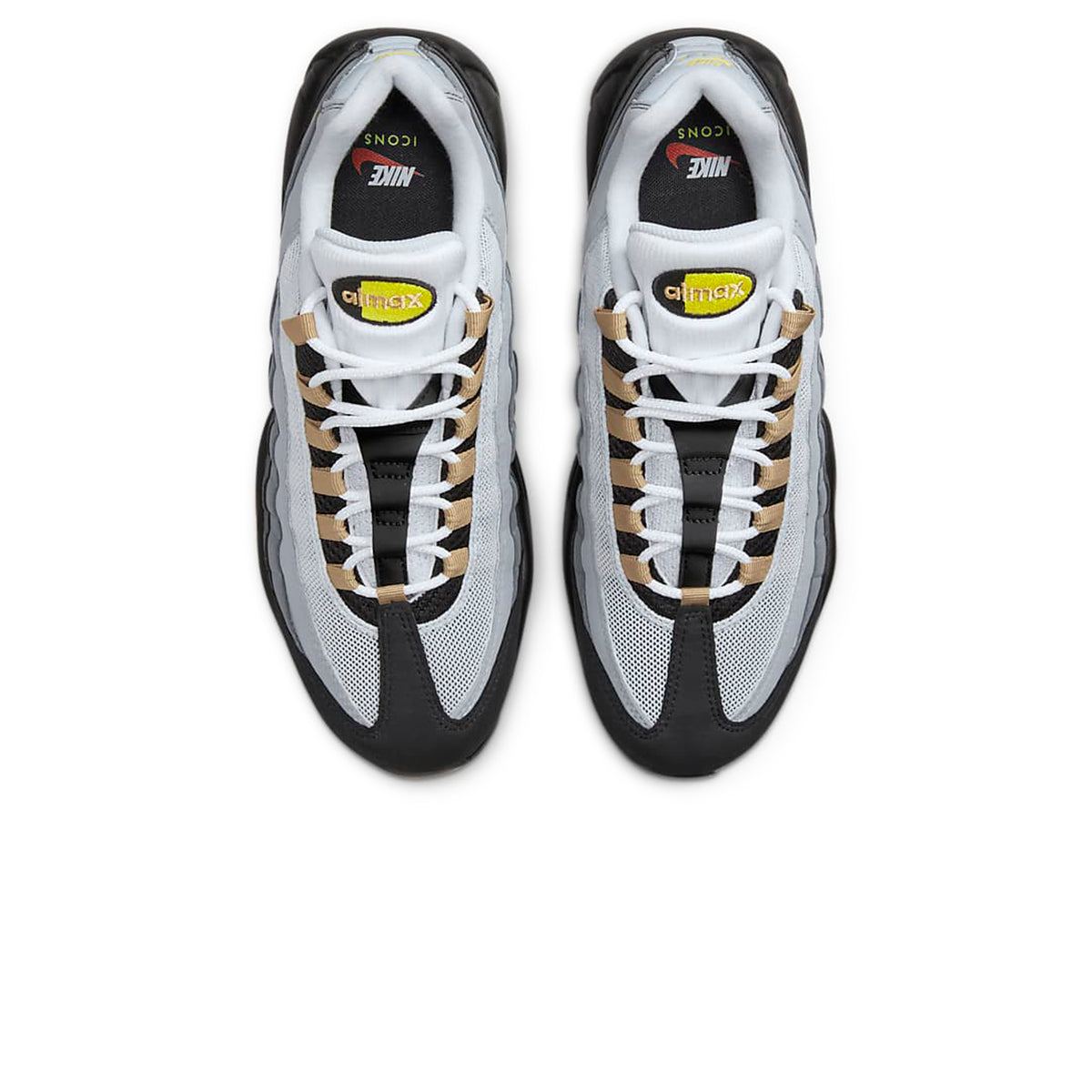 Air Max 95 Icons sneakers top view with white, black, and brown accents.