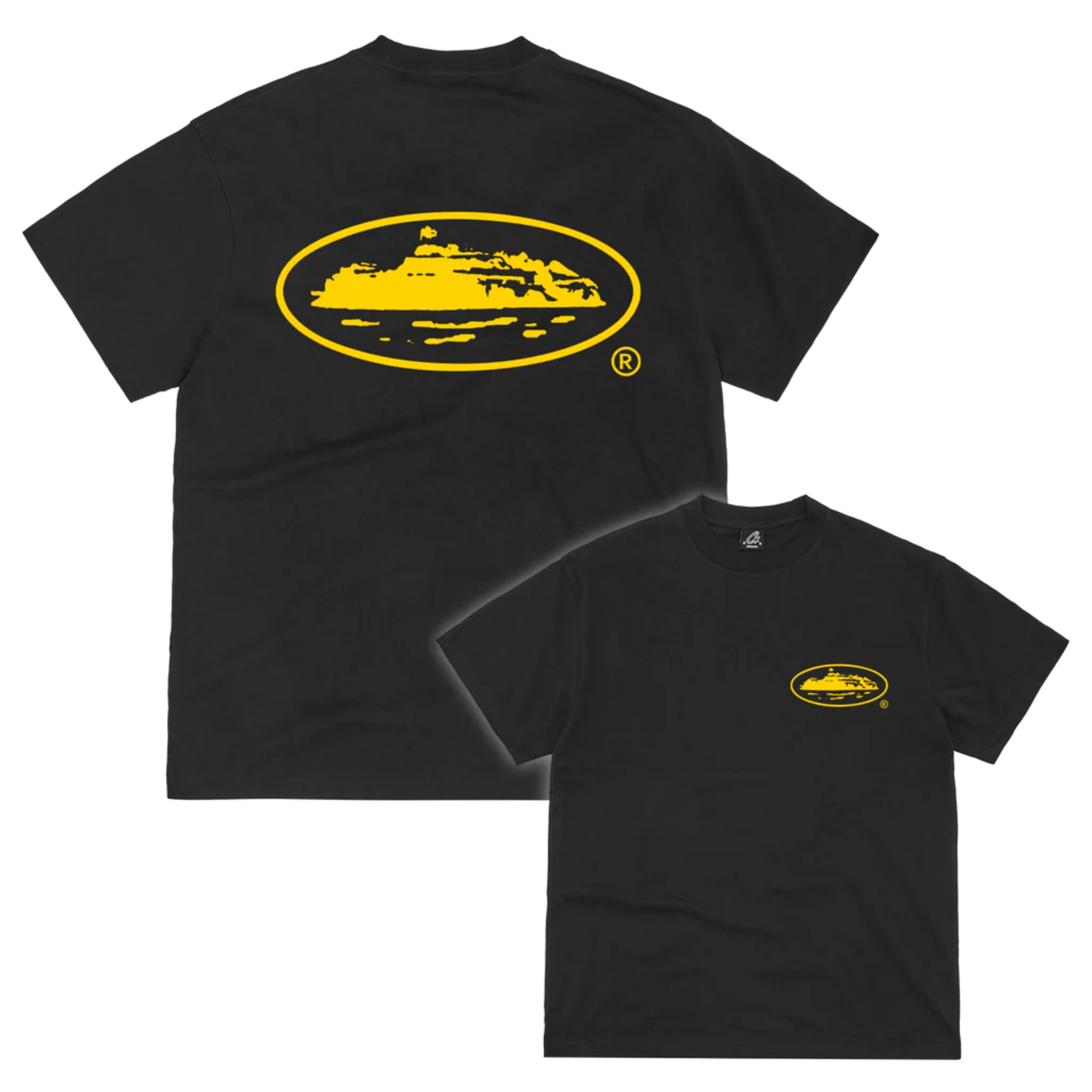 Corteiz OG Island Tee Black Yellow with island graphic.
