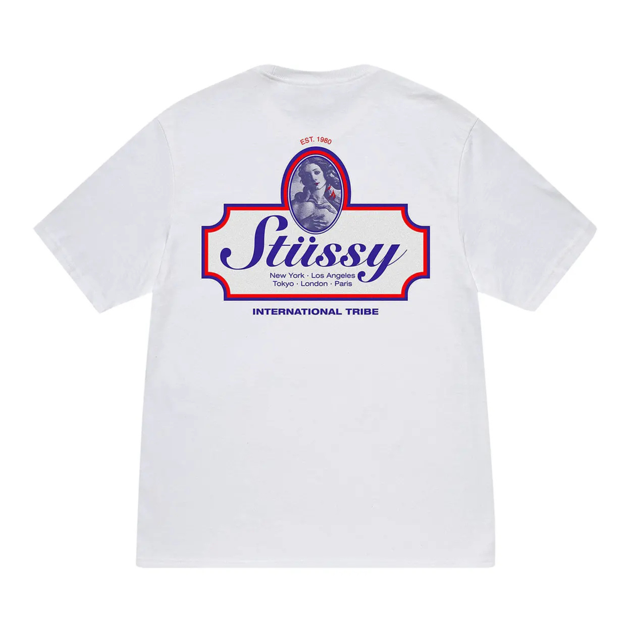 White Stussy Authentic Tee with graphic logo on back and international cities text