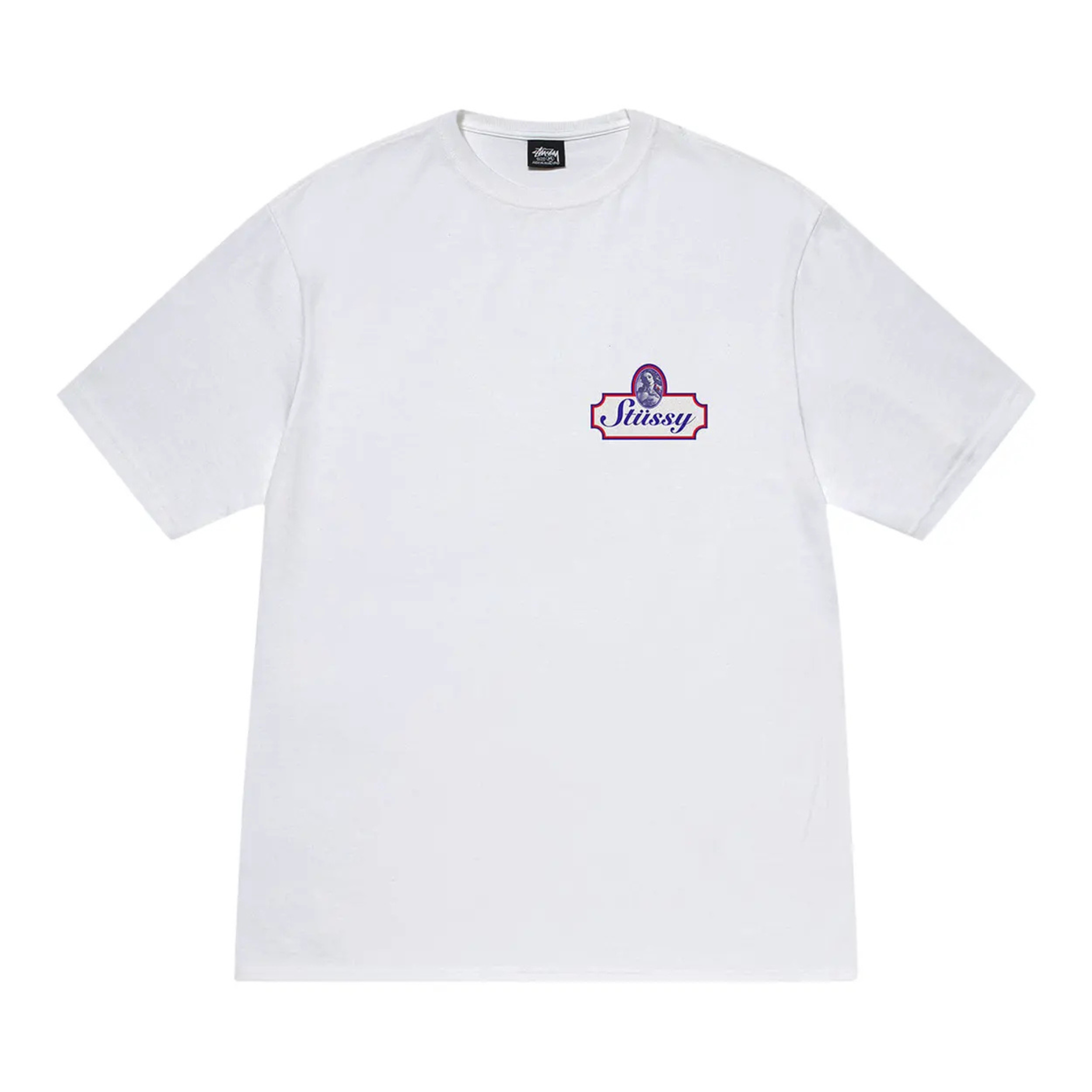 White Stussy Authentic Tee with small logo on chest