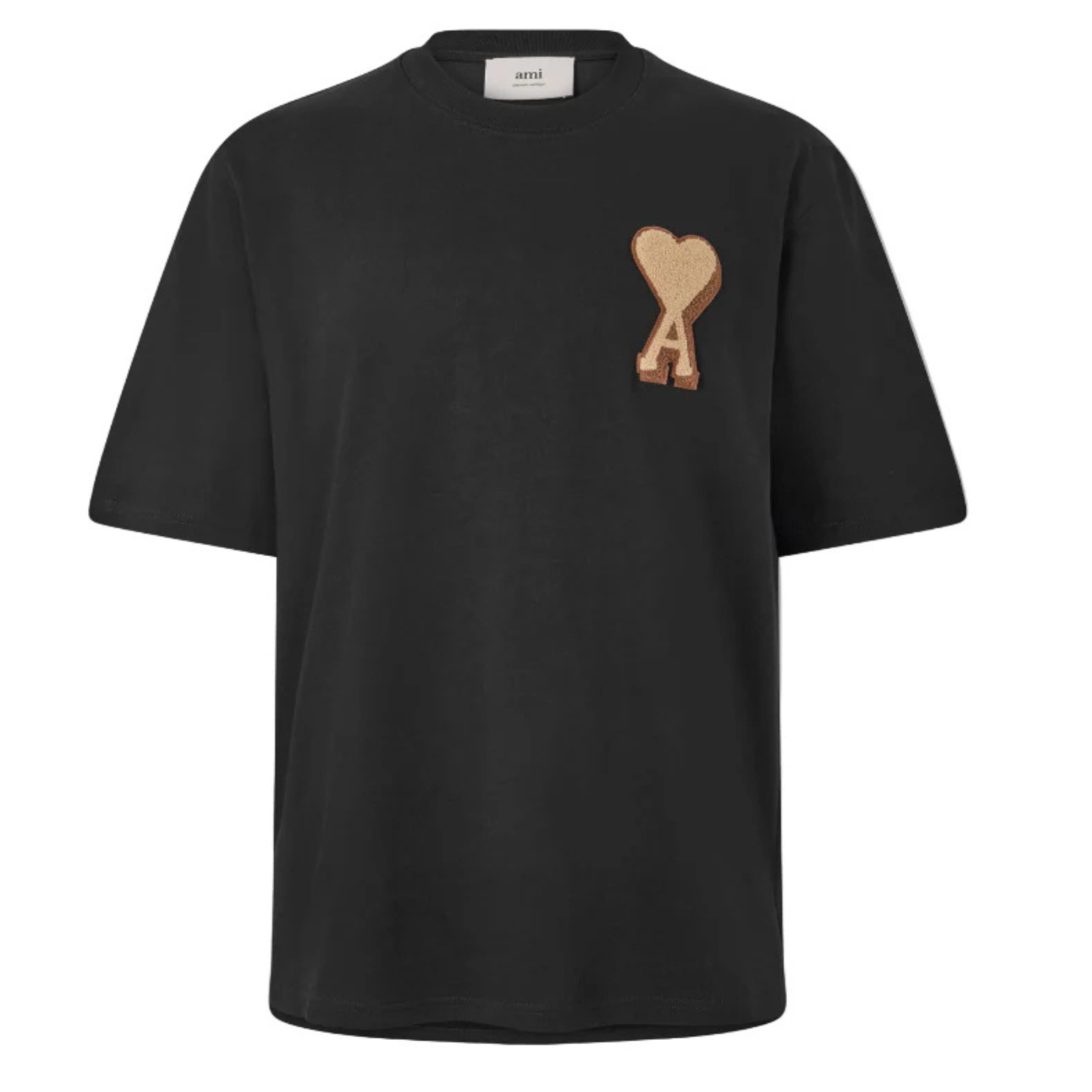 Ami Paris T-Shirt - De Coeur Patch Cotton, Black & Brown | Stylish Ami Paris T-Shirt - De Coeur Patch Cotton, Black & Brown | Stylish