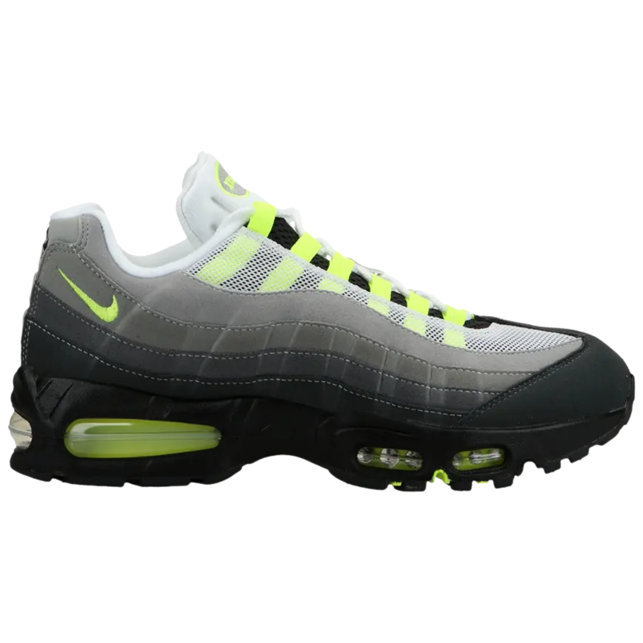Air Max 95 Neon 2005 sneaker with gray gradient and neon green accents.
