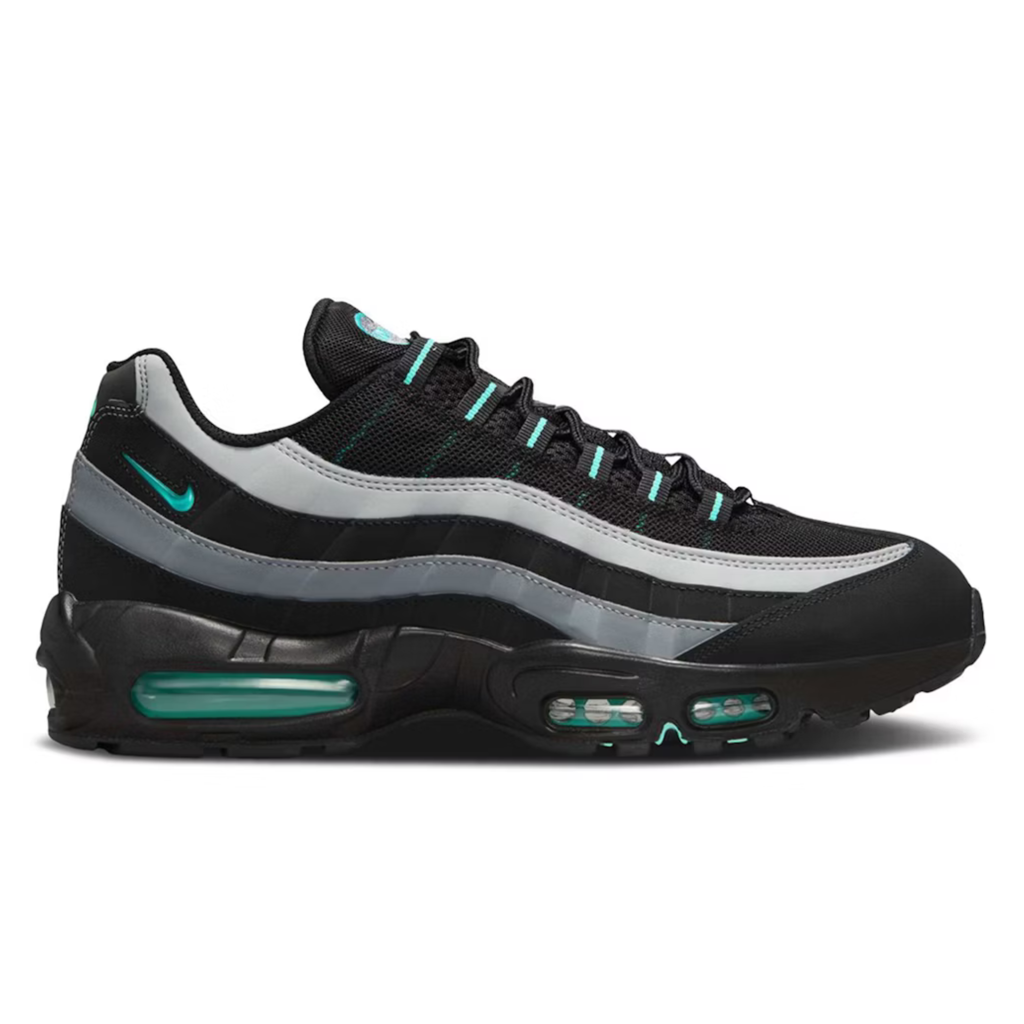 Air Max 95 Black Aurora Green sneaker with visible air cushioning and green accents.