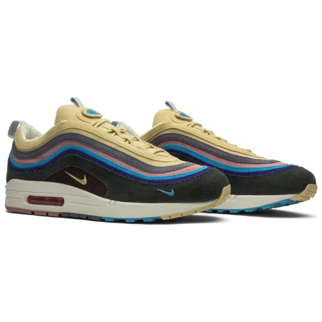 Sean Wotherspoon x Air Max 1/97 sneakers featuring colorful corduroy and suede design.