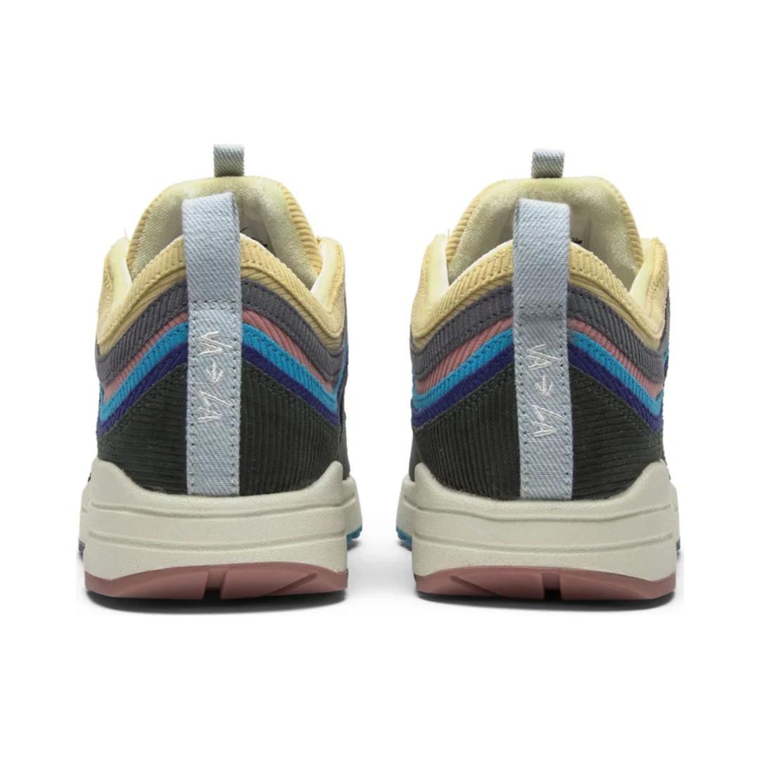 Back view of Sean Wotherspoon x Air Max 1/97 sneakers showcasing colorful corduroy and suede design.