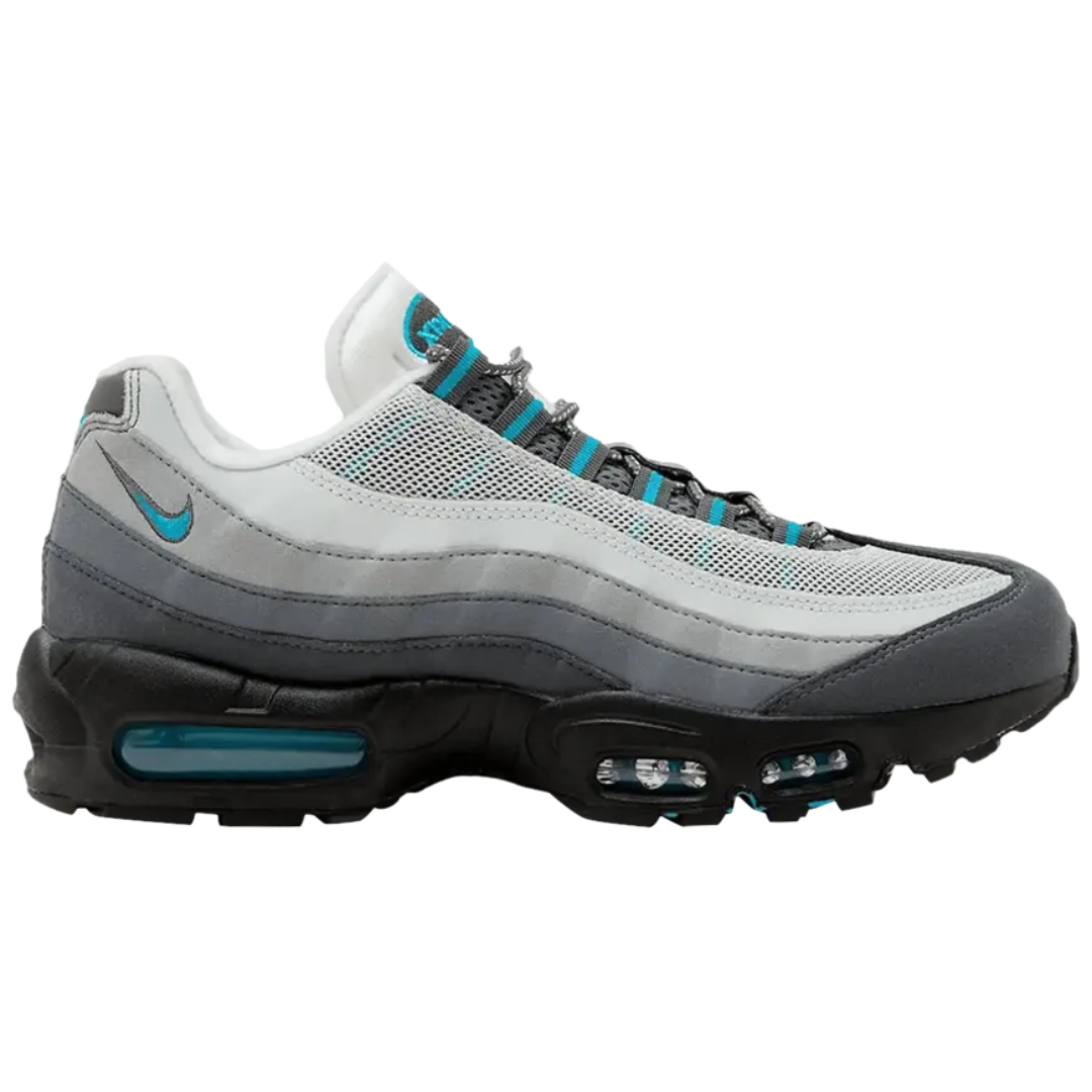 Nike Air Max 95 Baltic Blue GS sneaker with gray tones and turquoise accents.