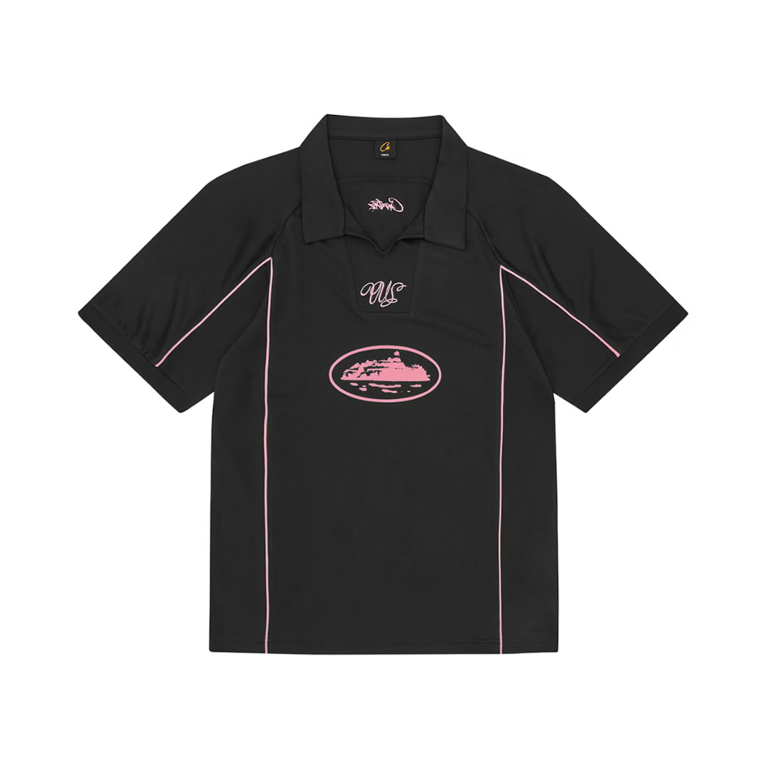 Corteiz Black Pink Talismo Football Jersey featuring pink accents.