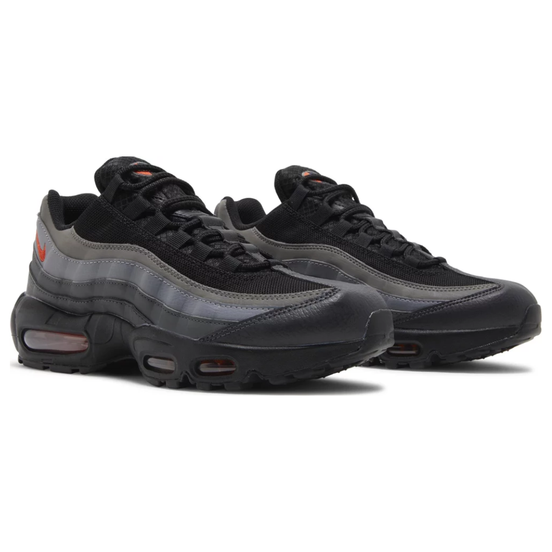 Air Max 95 Black Picante Reflective sneakers with black upper, Picante Red accents, and reflective detailing.
