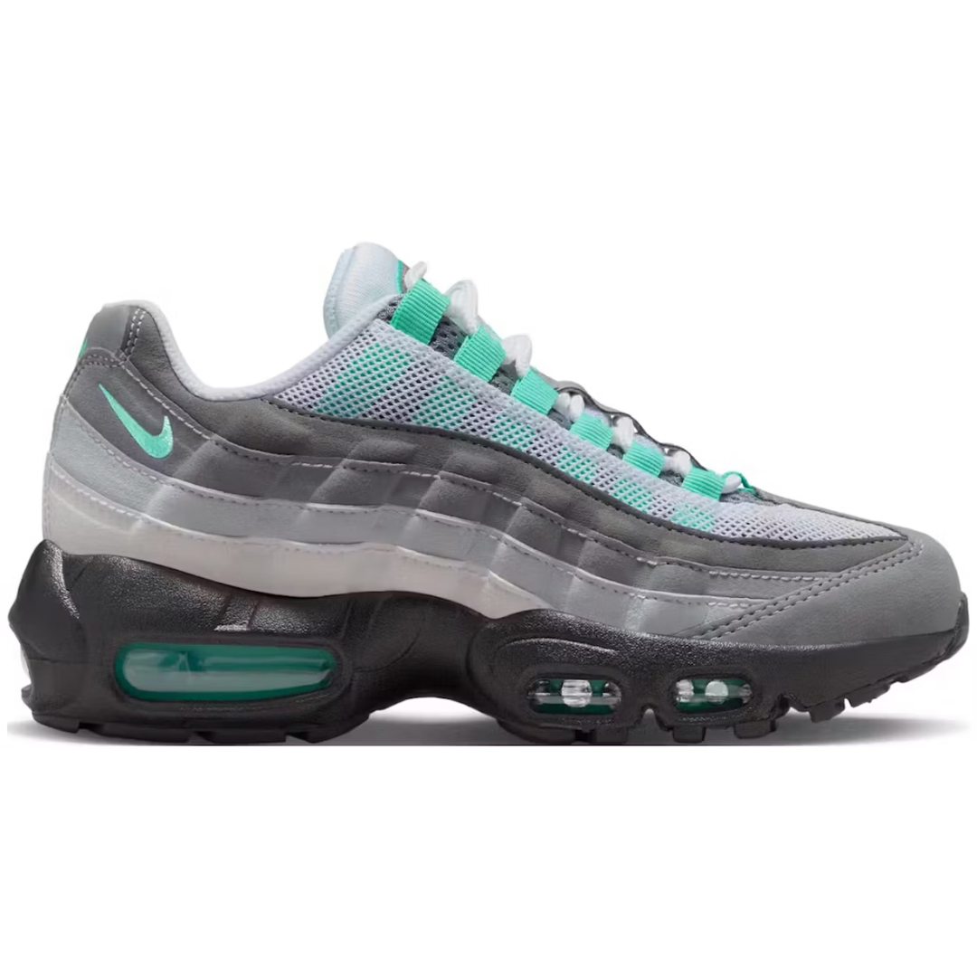 Air Max 95 Hyper Turquoise GS sneaker with gray and turquoise accents.
