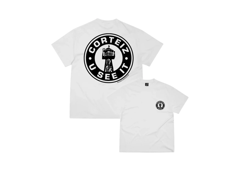 Corteiz U See It white t-shirt with circular black graphic.