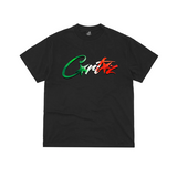 Corteiz Allstarz Italia Black Tee featuring Italian flag colors on logo.