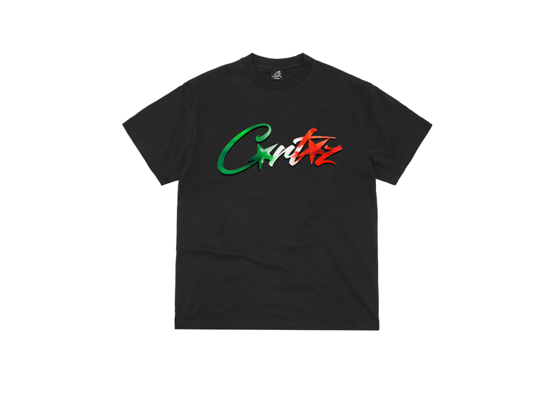 Corteiz Allstarz Italia Black Tee featuring Italian flag colors on logo.