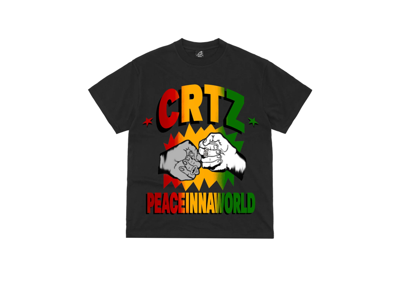 Corteiz Peace In The World black T-shirt with colorful graphic design.