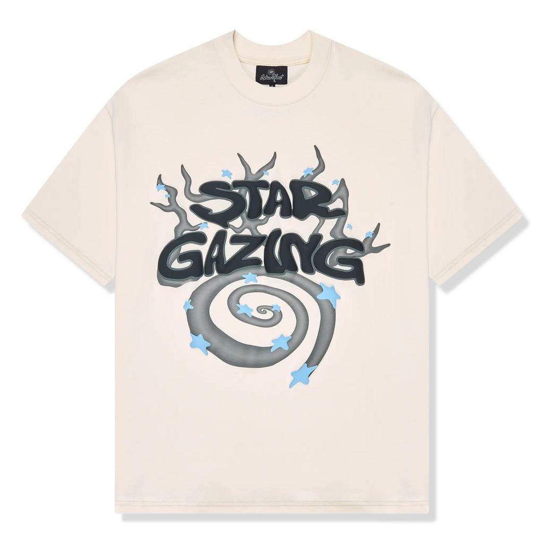 Vanilla white t-shirt with "Star Gazing" graphic from Broken Planet Market.