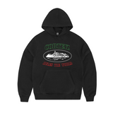 Black Corteiz OG Alcatraz hoodie with Italia colors and graphic print on front