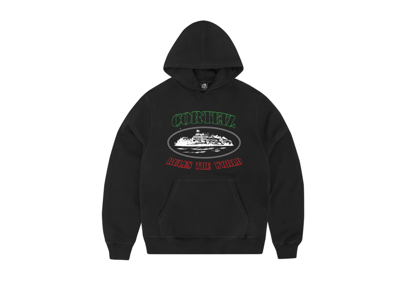 Black Corteiz OG Alcatraz hoodie with Italia colors and graphic print on front