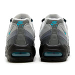 Nike Air Max 95 Baltic Blue sneakers with durable mesh and suede upper, featuring Air Max cushioning, shown in Iron Grey/Baltic Blue-Smoke Grey colorway, rear view.