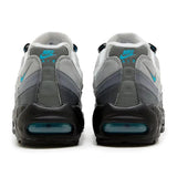 Nike Air Max 95 Baltic Blue sneakers with durable mesh and suede upper, featuring Air Max cushioning, shown in Iron Grey/Baltic Blue-Smoke Grey colorway, rear view.