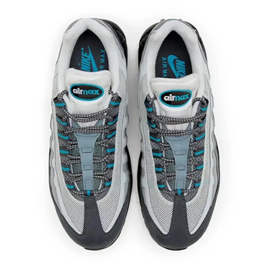 Nike Air Max 95 Baltic Blue sneakers in grey and blue, top view.