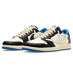 Air Jordan 1 Retro Low x Travis Scott Fragment sneaker with white leather, black suede overlays, and blue accents.