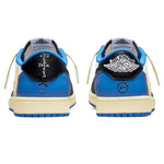 Air Jordan 1 Retro Low x Travis Scott Fragment sneakers rear view with blue accents and logo details.