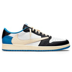 Air Jordan 1 Retro Low x Travis Scott Fragment sneaker with white leather, black suede, and blue accents.