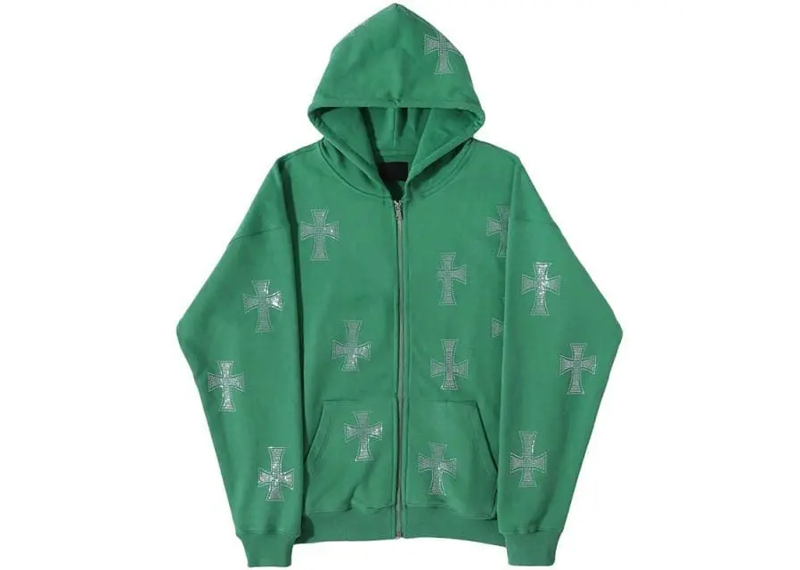 UNKNOWN HOODIE GREEN RHINESTONE CROSS – 1LUX - Main Image