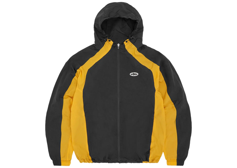 Corteiz Spring Jacket in black and yellow with hood.